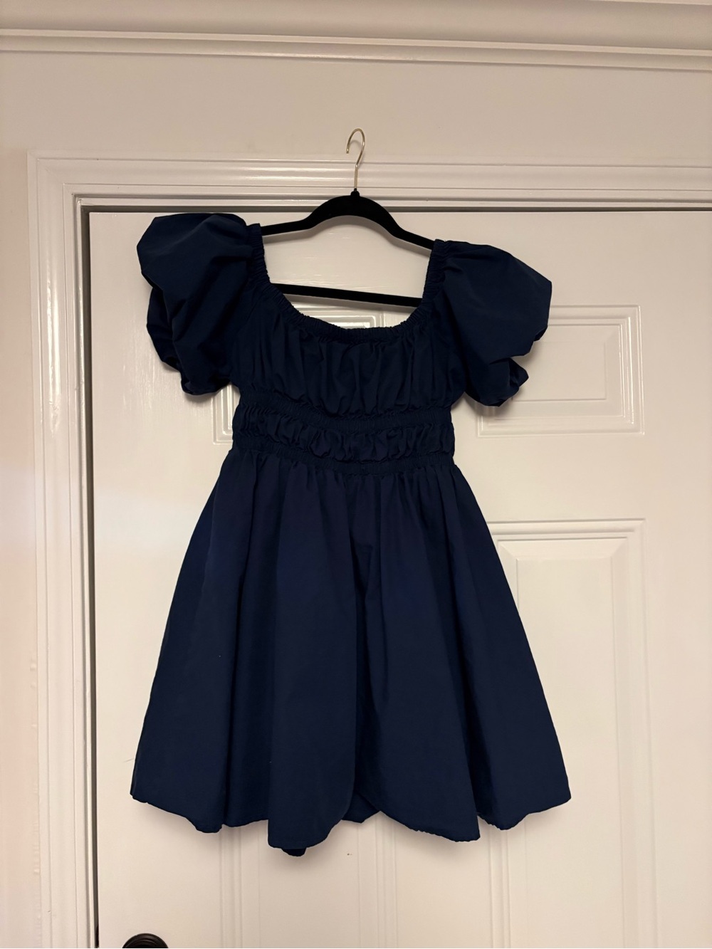 Aqua Navy Puff Sleeve Smocked Dress